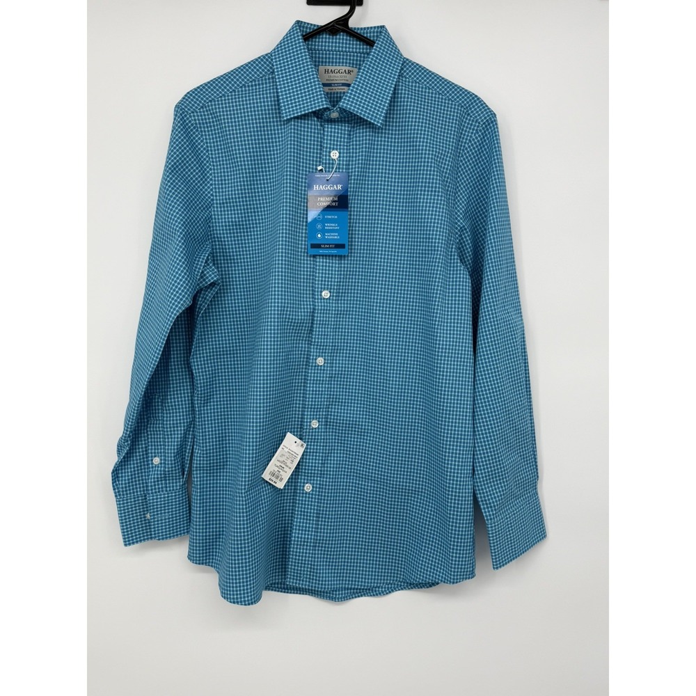 JM Haggar Mens 15-15 1/2 32/33 Blue Slim Fit Button Down Long Sleeve Shirt NWT